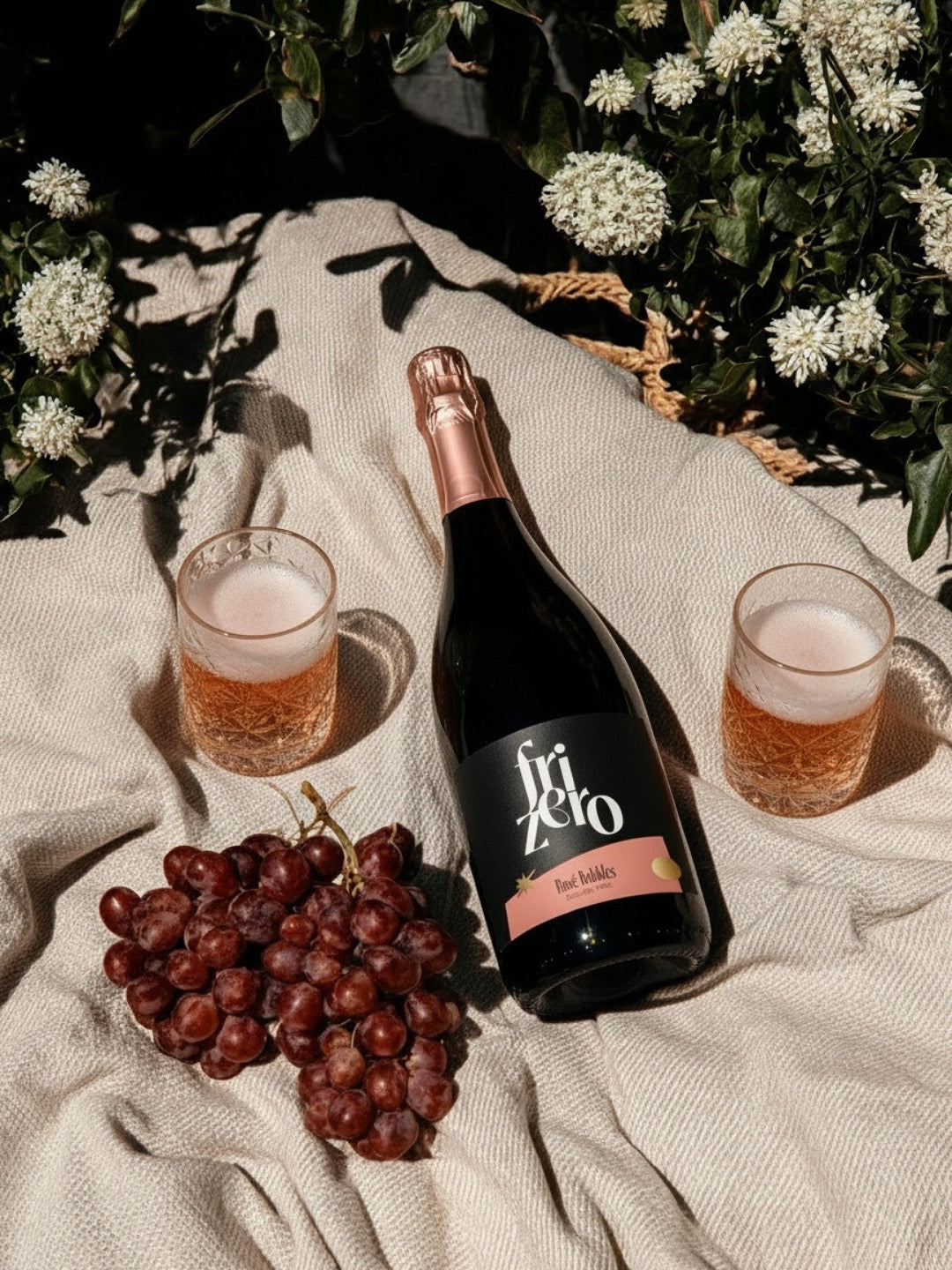 bottiglia di frizero juliet spumante analcolico con bicchieri pieni e uva