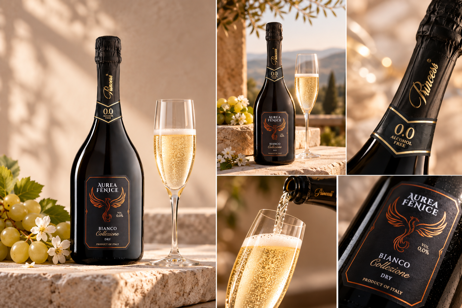 Aurea fenice spumante bianco dry da uve 100% moscato giallo del trentino bottiglia 750ml vino dealcolato analcolico 0.0%