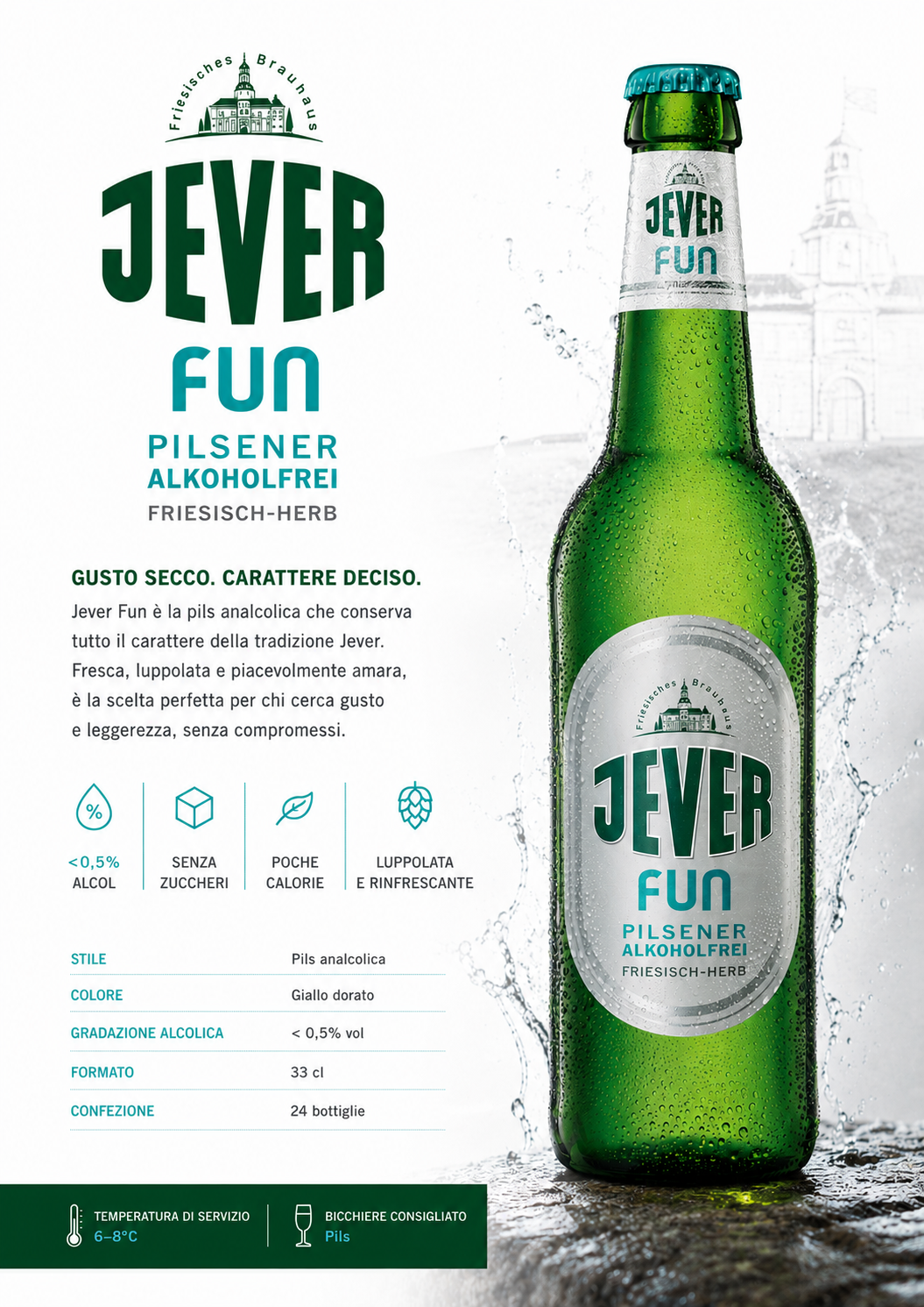 Jever Fun birra analcolica pilsener senza alcol, fresca e luppolata, bottiglia da 33 cl immagine descrittiva.