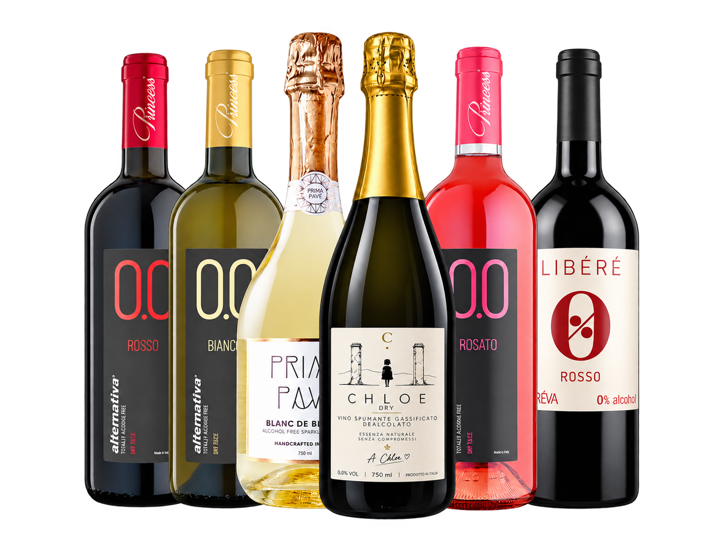 Kit degustazione di vini dealcolati e spumanti analcolici contiene 6 bottiglie di vino da 750ml 0.0% senza aromi