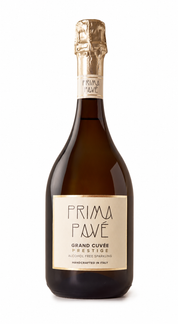 Prima Pavé Grand Cuvée Prestige, spumante analcolico 0.0% da Chardonnay e Pinot Nero affinati a contatto con rovere, bottiglia da 750 ml.