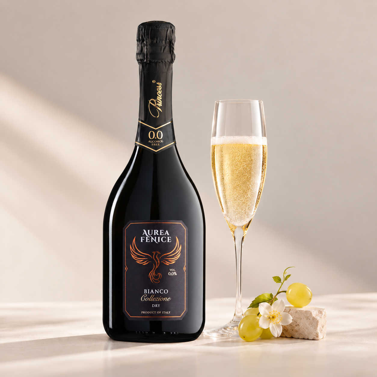 Spumante analcolico 0.0% Aurea Fenice Bianco Dry da Moscato Giallo con calice e uva bianca