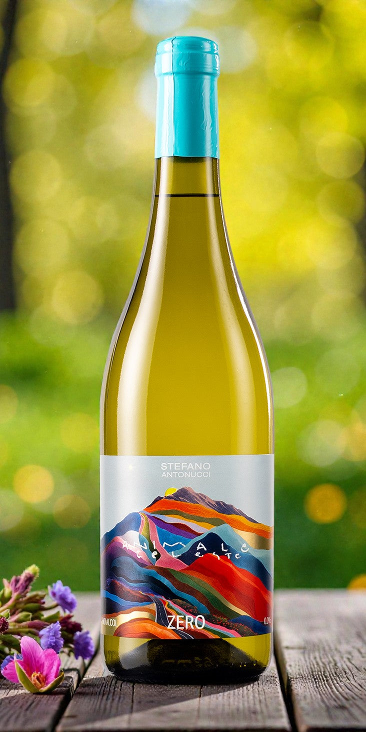 Ste' animale celeste bottiglia di vino bianco dealcolato da uve sauvignon analcolico zero con fiori