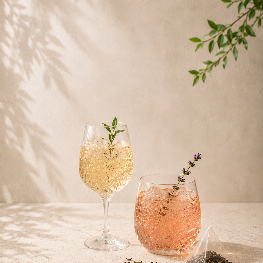 Sparkling Tea analcolici premium con infusi frizzanti botanici e tè serviti con ghiaccio in stile raffinato e naturale