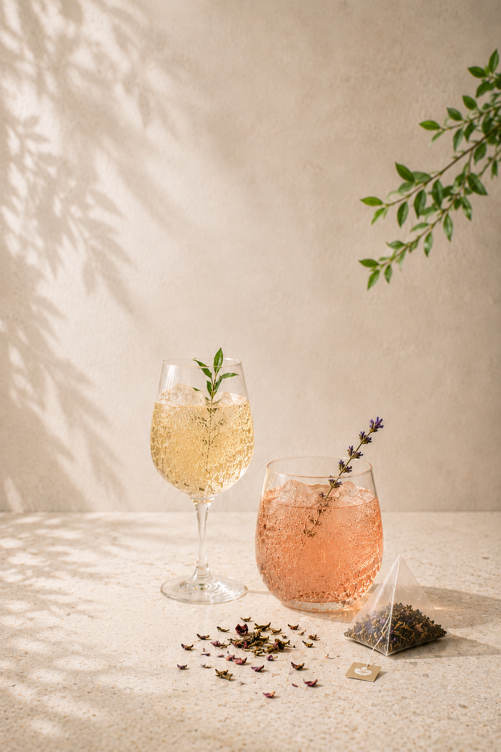 Sparkling Tea analcolici premium con infusi frizzanti botanici e tè serviti con ghiaccio in stile raffinato e naturale