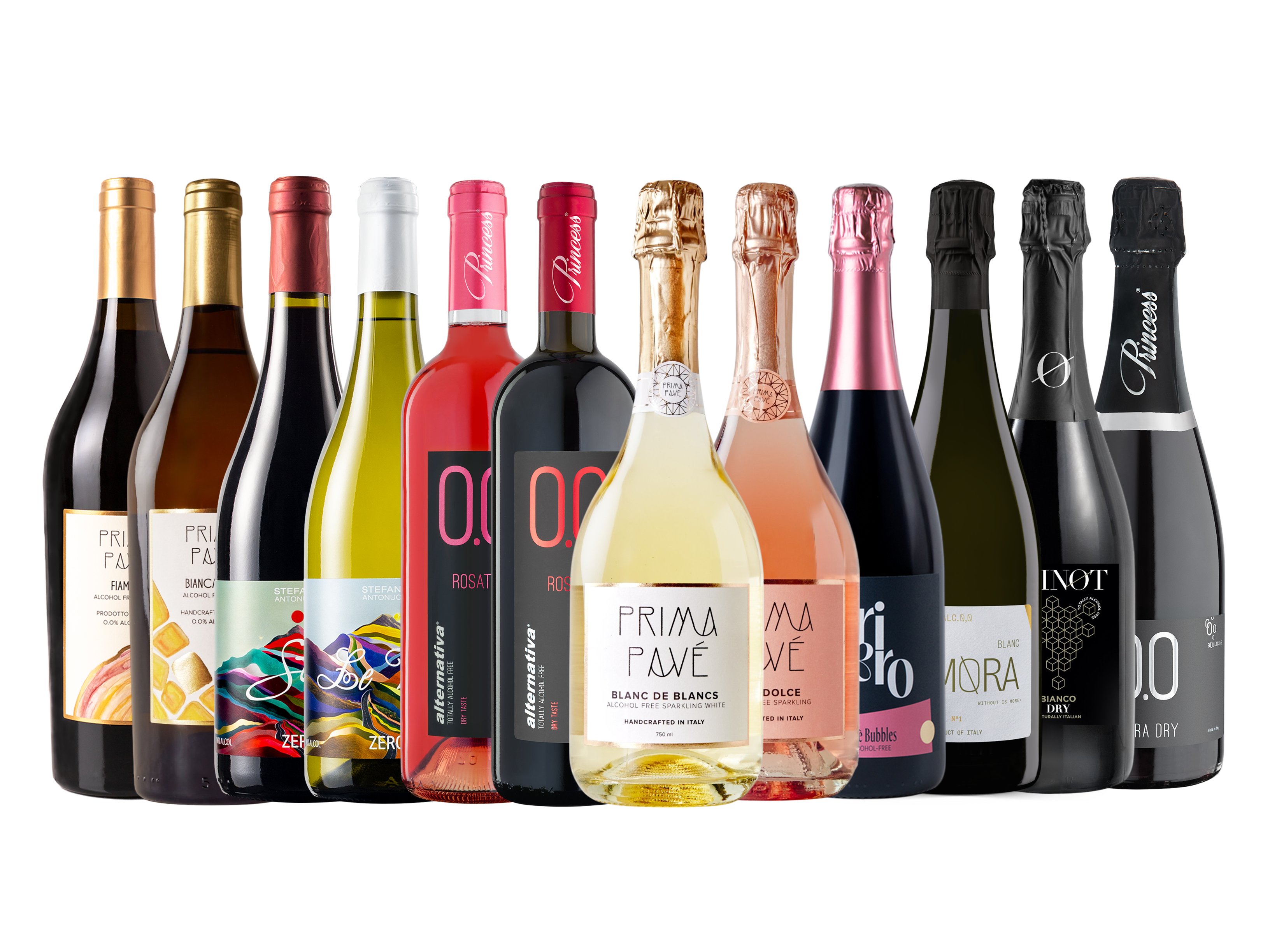 kit completo di vini e spumanti analcolici contiene 12 bottiglie diverse perfetto per l&#39;assaggio