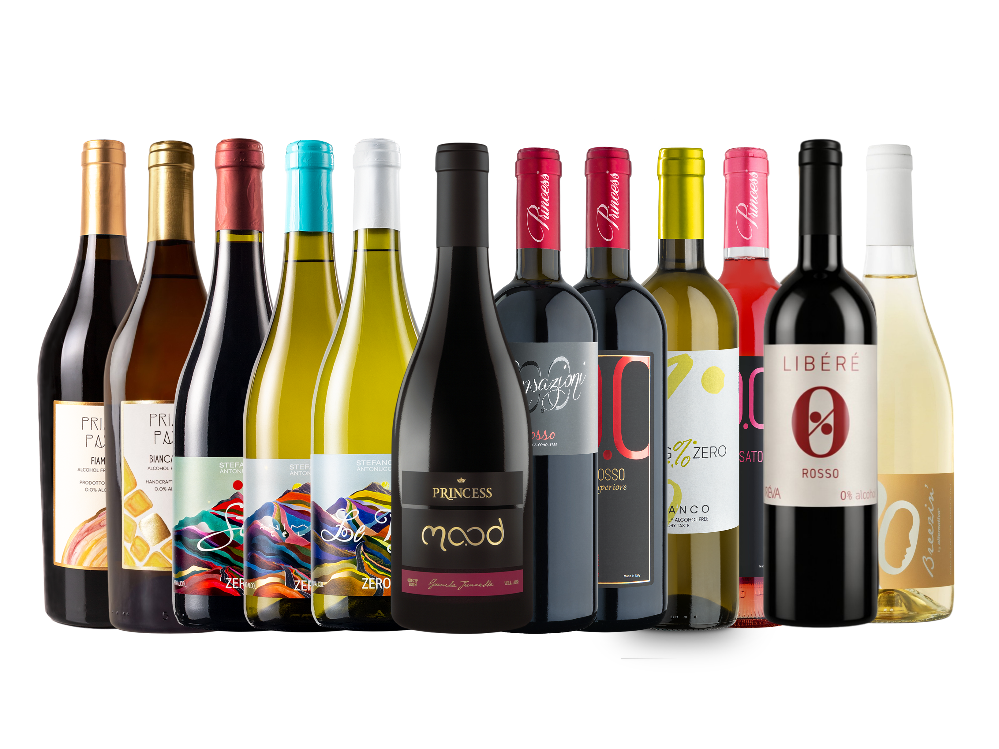 kit di vini dealcolati  e analcolici 0.0% fermi confezione da 12 bottiglie