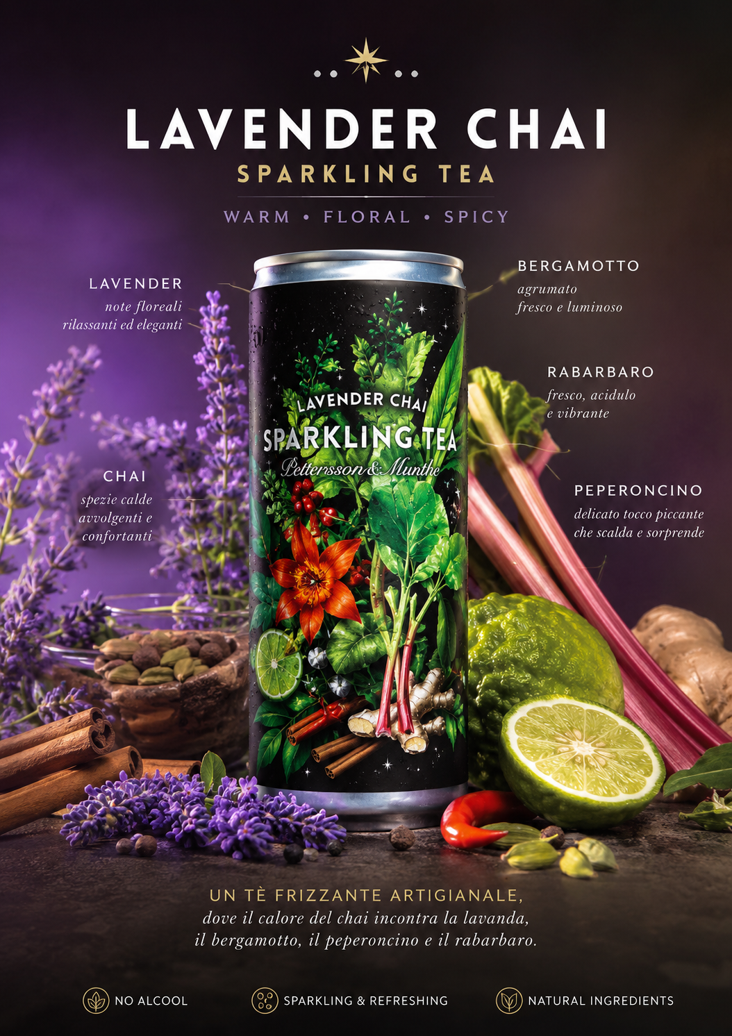 Grafica premium Lavander Chai sparkling tea analcolico frizzante con lavanda, chai, rabarbaro, bergamotto e peperoncino in lattina ready to drink artigianale