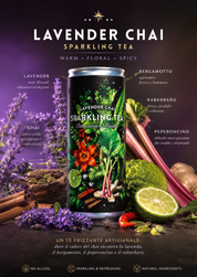 Grafica premium Lavander Chai sparkling tea analcolico frizzante con lavanda, chai, rabarbaro, bergamotto e peperoncino in lattina ready to drink artigianale