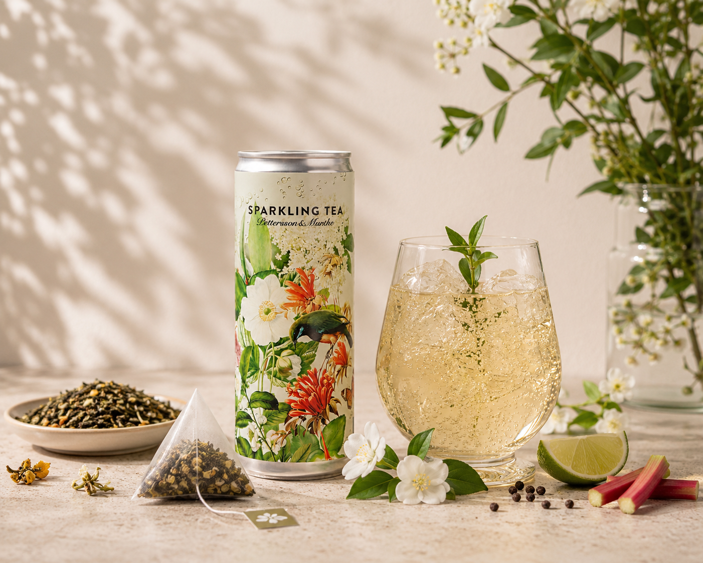 Sparkling tea floreale servito con ghiaccio e lime – bevanda frizzante a base di tè verde e rababrbaro dal gusto fresco, leggero e aromatico ideale per aperitivi e pasti estivi
