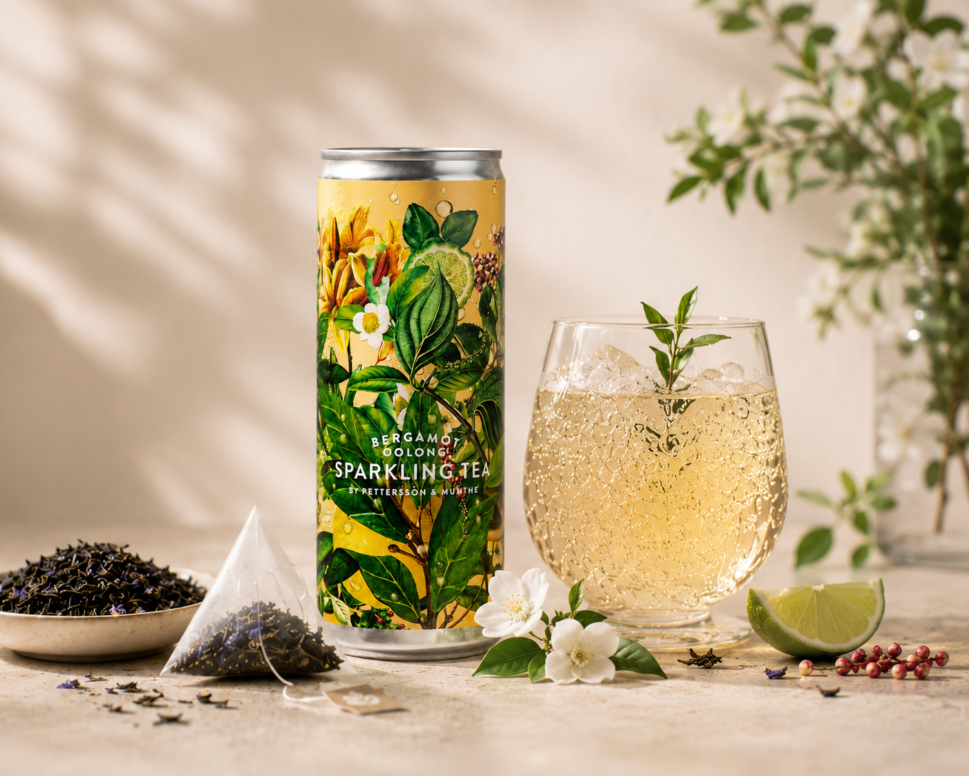 Sparkling tea al bergamotto servito con ghiaccio e lime – bevanda frizzante a base di tè fresca e aromatica ideale per aperitivo e pasti estivi