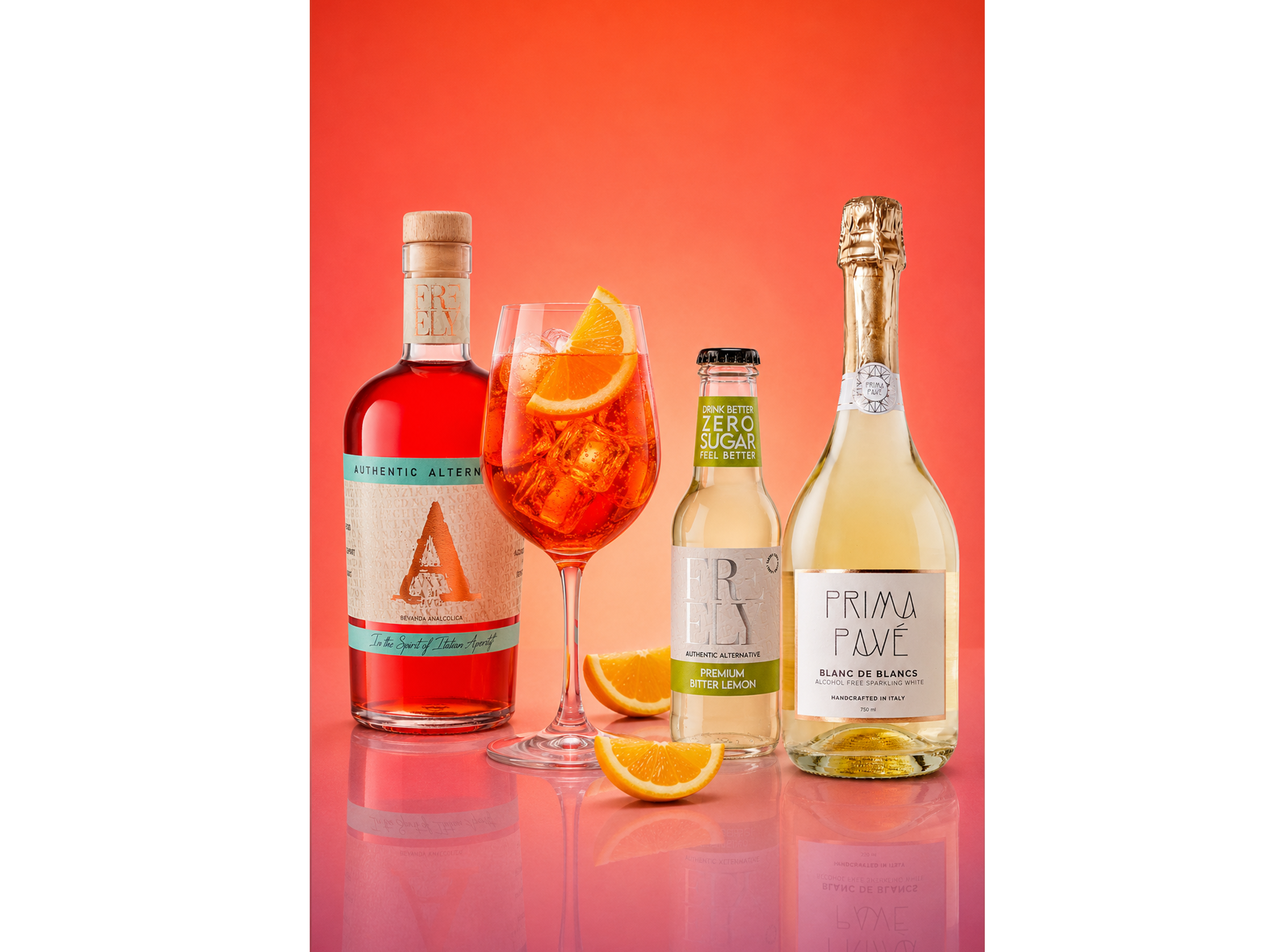 Kit per lo spritz analcolico composto da aperol analcolico, prosecco analcolico, soda al limone 0.0% myazero spritz senza alcol