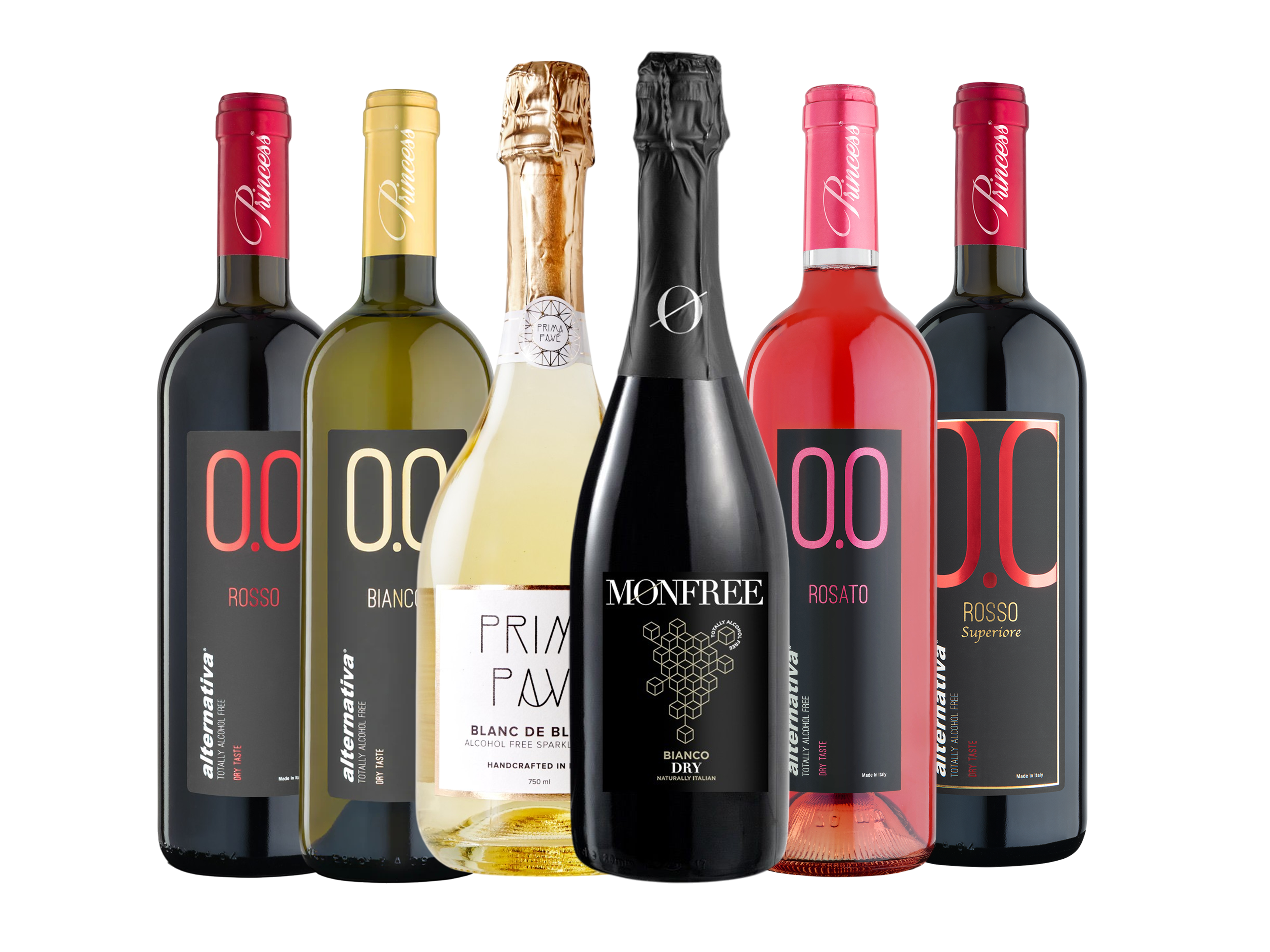 Kit di vini dealcolati e spumanti analcolici contiene 6 bottiglie zero alcol 0.0% senza alcol