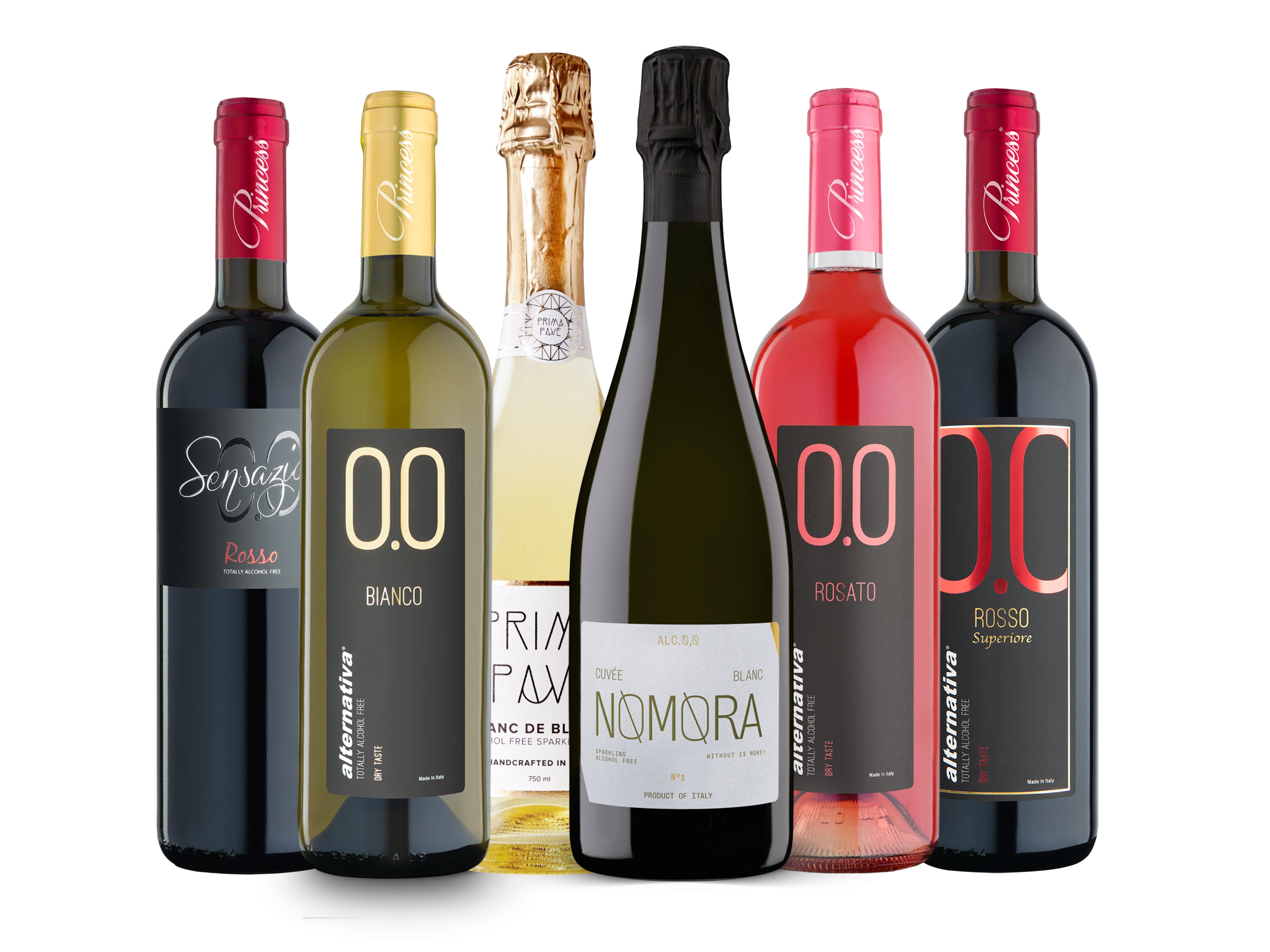 kit di degustazioni di vini dealcolati e spumanti analcolici 0.0 confezione da 6 bottiglie