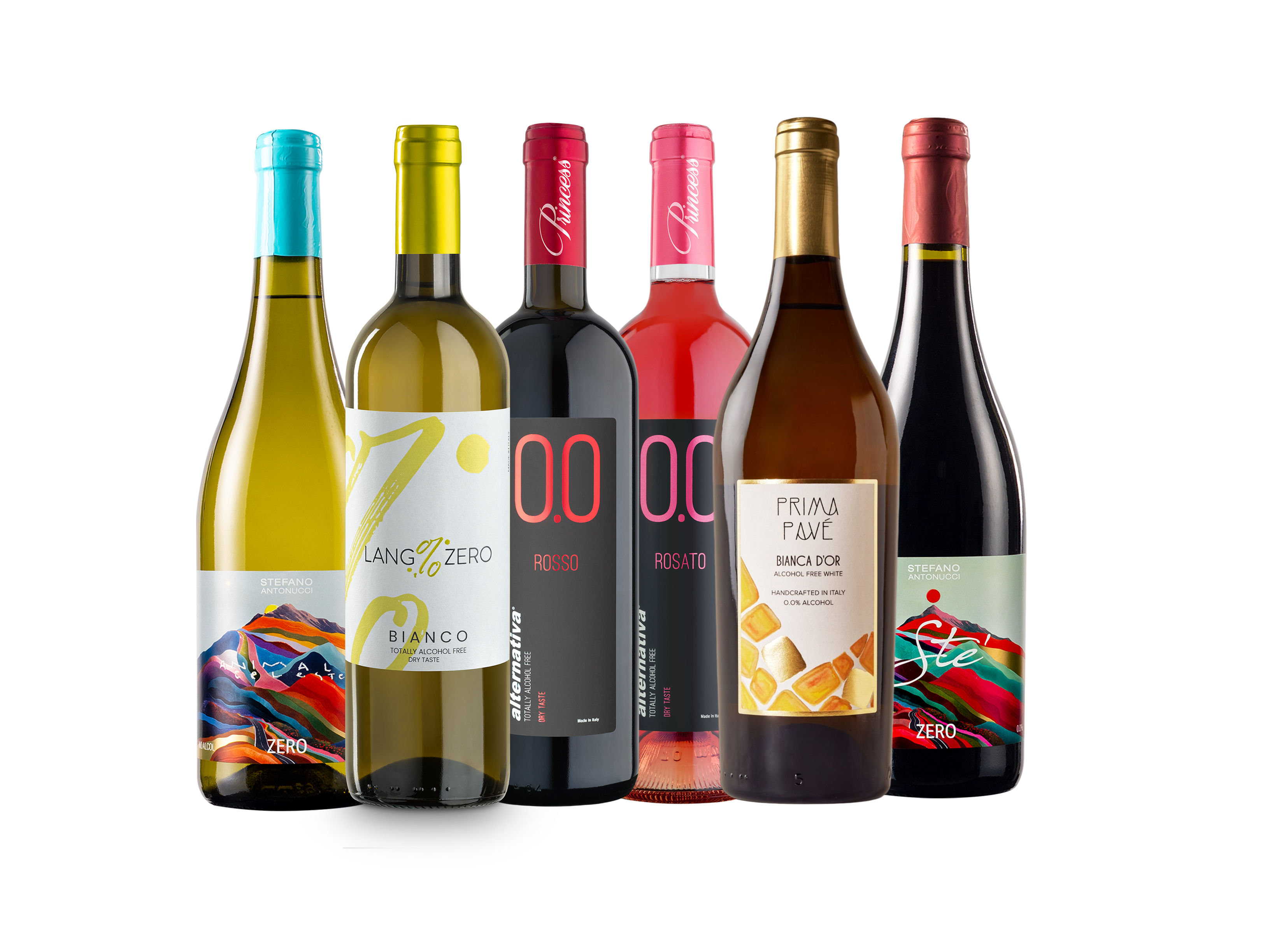 kit di vini dealcolati analcolici 0.0 confezione da 6 bottiglie diverse